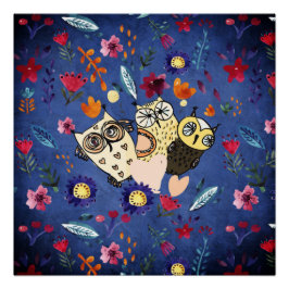 花園のハッピーバードフクロウ動物一家 ポスター