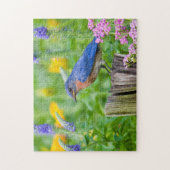 花園のフェンスのポストにブルーバードオス ジグソーパズル (縦)