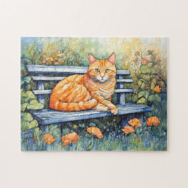 花園のベンチに座る猫の水彩画 ジグソーパズル