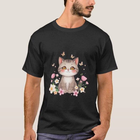 花園の蝶と戯れるかわいいグレー猫のイラスト✨🐾 Tシャツ (正面)