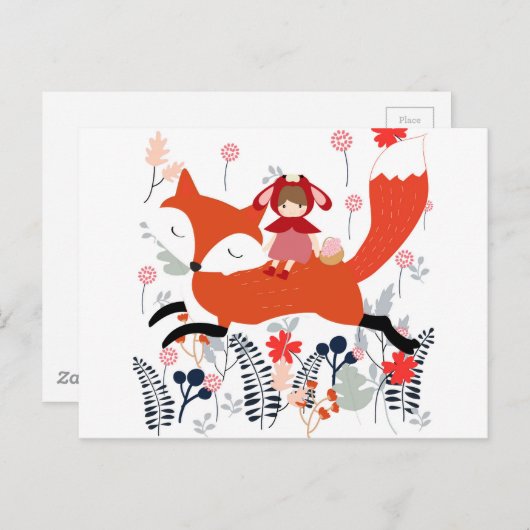 花園の赤いフード乗馬ガールとキツネ ポストカード (正面/裏面)