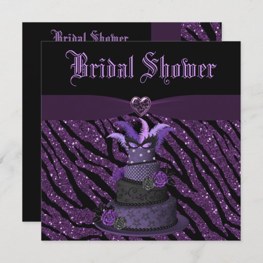 花型女性歌手のケーキは及びシマウマのグリッターのブライダルシャワーを印刷しました 招待状 (正面/裏面)