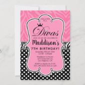 花型女性歌手のシマウマのピンクおよび黒い女の子の誕生会 招待状 (正面)
