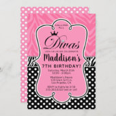 花型女性歌手のシマウマのピンクおよび黒い女の子の誕生会 招待状 (正面/裏面)