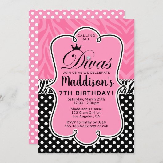 花型女性歌手のシマウマのピンクおよび黒い女の子の誕生会 招待状 (正面/裏面)