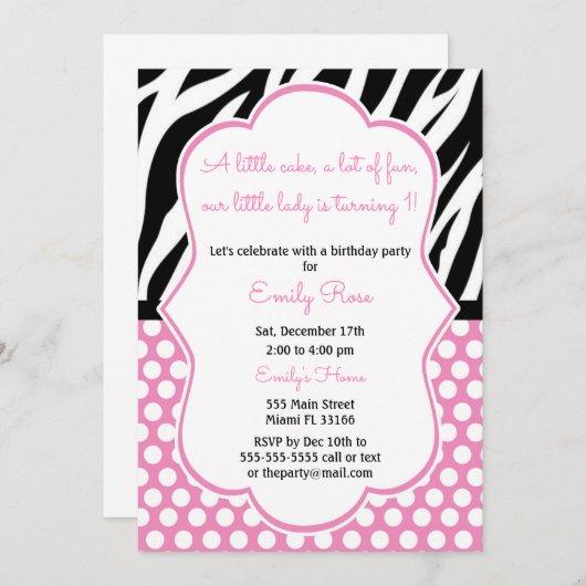 花型女性歌手のシマウマのピンクの女の子の誕生日の招待状 招待状 (正面/裏面)