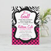 花型女性歌手のショッキングピンクのシマウマの女の子のベビーシャワーの招待状 招待状 (スタンド正面)