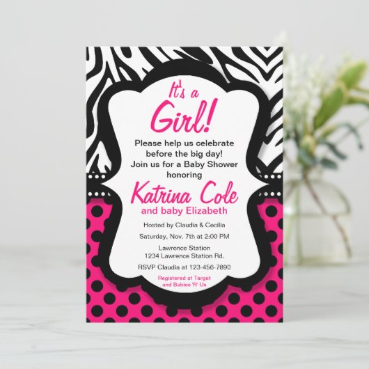 花型女性歌手のショッキングピンクのシマウマの女の子のベビーシャワーの招待状 招待状 (スタンド正面)