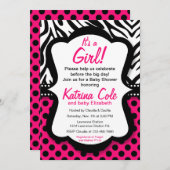 花型女性歌手のショッキングピンクのシマウマの女の子のベビーシャワーの招待状 招待状 (正面/裏面)