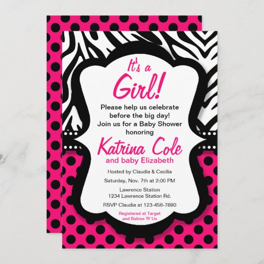 花型女性歌手のショッキングピンクのシマウマの女の子のベビーシャワーの招待状 招待状 (正面/裏面)