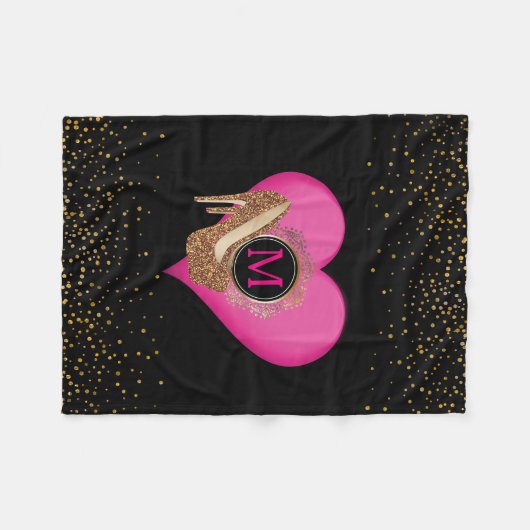 花型女性歌手のハイヒール|のシックで黒い金ゴールドのグリッターの紙吹雪 フリースブランケット (正面(横))