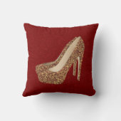 花型女性歌手の赤いグリッターきらきら光るな|の魅力の金ゴールドのハイヒールの靴 クッション (裏面)