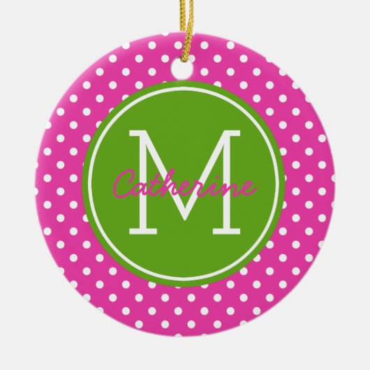 花型女性歌手ピンクの緑のAppleおよび白い水玉模様のモノグラム セラミックオーナメント (正面)