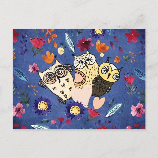 花壇の幸せな鳥フクロウ動物の家族 ポストカード (正面)