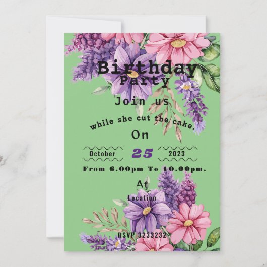 花好きの誕生日パーティーの招待状 招待状 (正面)