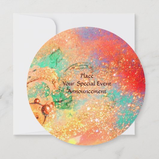 花妖精の赤いピンクの緑の黄色の金ゴールドきらめき 招待状 (裏面)