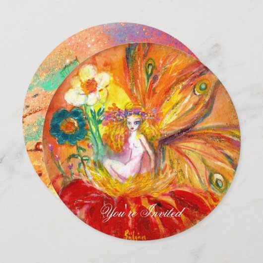 花妖精の赤いピンクの緑の黄色の金ゴールドきらめき 招待状 (正面/裏面)