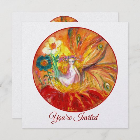 花妖精レッドイエローホワイトファンタジー夏パーティー 招待状 (正面/裏面)