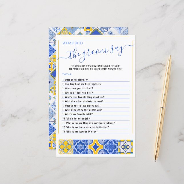 花婿がブルータイルと言ったことブライダルシャワーゲーム (正面/裏面インサイチュ)