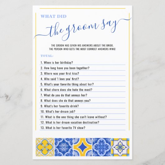 花婿がブルータイルと言ったことブライダルシャワーゲーム (正面)