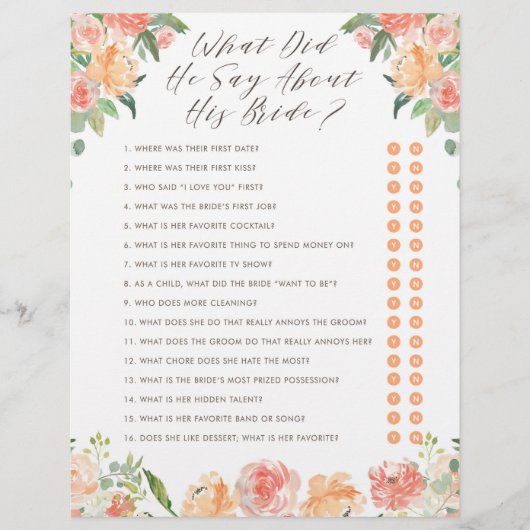 花婿が花嫁について言ったこと ブライダルシャワーゲーム (正面)