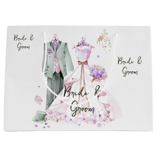 花婿と花嫁のウェディングドレスとスーツ ラージペーパーバッグ (正面)