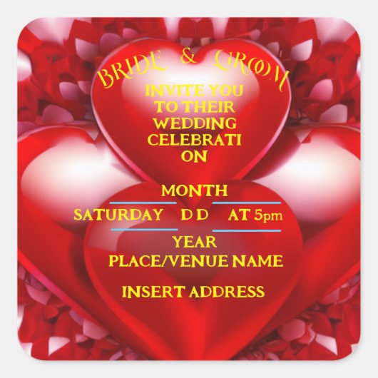 花婿と花嫁 赤いラブハーツ スクエアシール (正面)