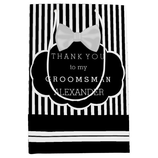 花婿の付添人のストライプの白いちょうネクタイおよび名前ありがとう ミディアムペーパーバッグ (正面)