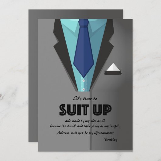 花婿の付添人の要求カードの上の灰色のスーツ 招待状 (正面/裏面)