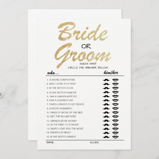 花婿または花嫁のゲーム - 完全に編集可能なカード 招待状 (正面/裏面)