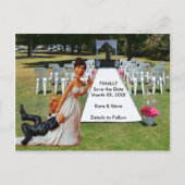 花婿を引っ張る花嫁のフィギュア 茶色と金髪 案内ポストカード (正面)