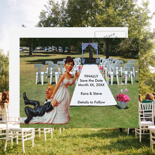 花婿を引っ張る花嫁のフィギュア　茶色 & 金髪 案内ポストカード