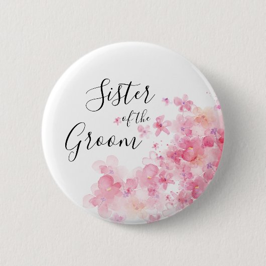 花婿エレガントのピンク色の水彩フローラの妹 缶バッジ (正面)