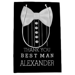 花婿介添人の白いちょうネクタイのタキシードのワイシャツありがとう ミディアムペーパーバッグ