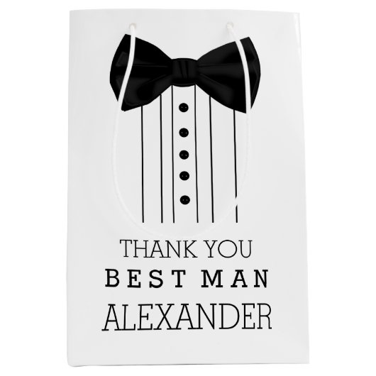 花婿介添人の黒いちょうネクタイのタキシードのワイシャツありがとう ミディアムペーパーバッグ (正面)