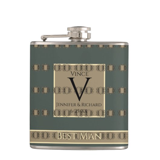 花婿介添人オールド金ゴールド&ティール（緑がかった色）グレーゴールデンベール結婚ズ フラスク (正面)