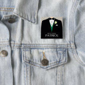 花婿介添人タキシードグリーンバラボパーソナライズされたタン 缶バッジ (インサイチュ)