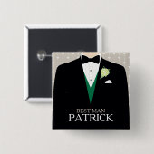 花婿介添人タキシードグリーンバラボパーソナライズされたタン 缶バッジ (正面&裏面)