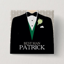 花婿介添人タキシードグリーンバラボパーソナライズされたタン 缶バッジ