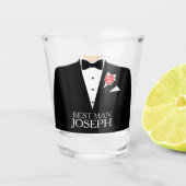 花婿介添人タキシードレッドローズボタン名前をカスタムする ショットグラス (正面)