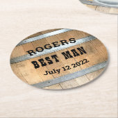 花婿介添人パーソナライズされたウイスキー樽 ラウンドペーパーコースター (アングル)