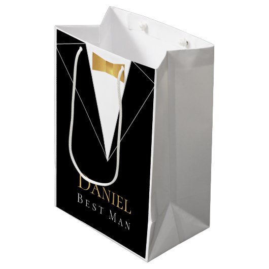 花婿介添人ブラックスーツエレガントフェイクゴールドフォイルボウタイ ミディアムペーパーバッグ (正面アングル)