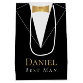 花婿介添人ブラックスーツエレガントフェイクゴールドフォイルボウタイ ミディアムペーパーバッグ (裏面)