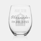 花婿介添人名ブラック結婚タキシードの日付 ステムなしワイングラス (裏面)