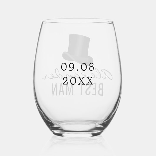 花婿介添人名Top Hat結婚の日付 ステムなしワイングラス (裏面)