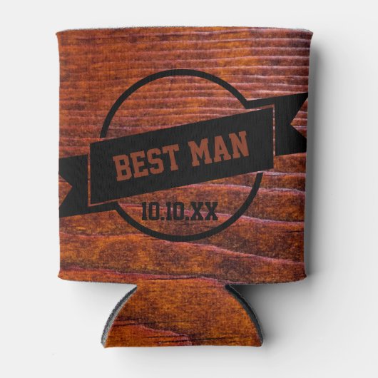 花婿介添人素朴の結婚木目写真 缶クーラー (正面)