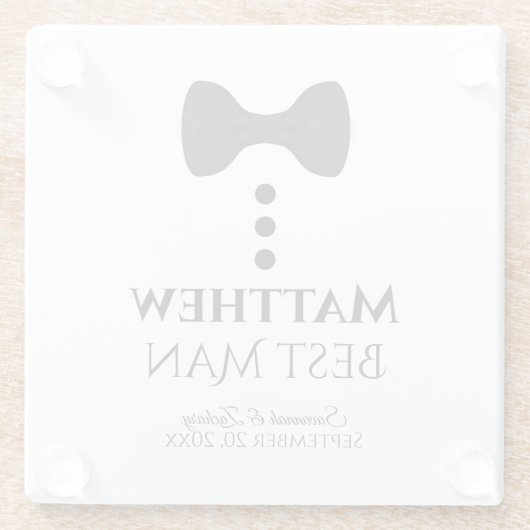 花婿介添人結婚式の引き出物おもしろいモックタキシードブラックタイ ガラスコースター (裏面)