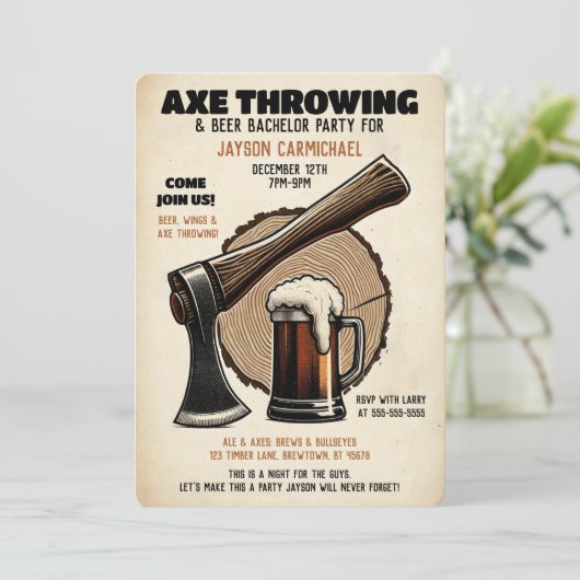 花婿最後の抵抗 ビールと斧投げ独身最後のパーティー 招待状 (スタンド正面)