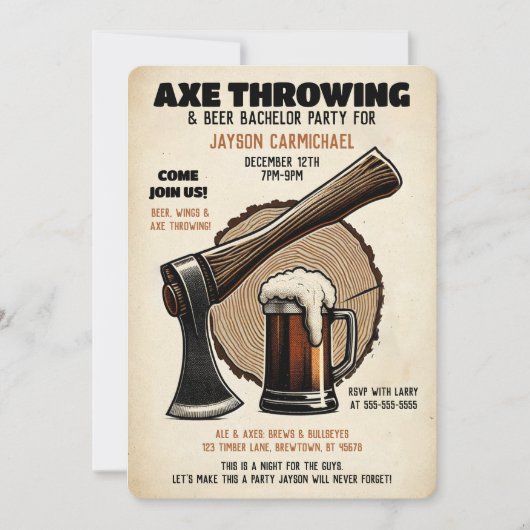 花婿最後の抵抗 ビールと斧投げ独身最後のパーティー 招待状 (正面)