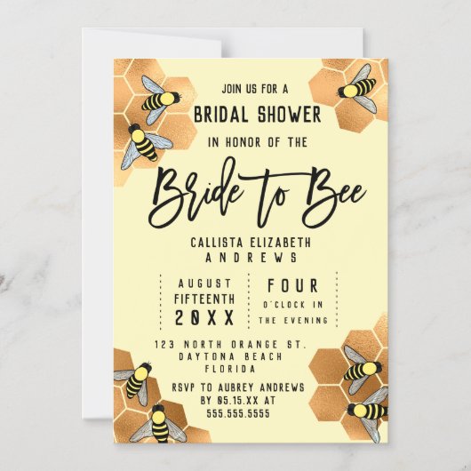 花嫁からビー引用文金ゴールドハニカムブライダルシャワー マグネット招待状 (正面)